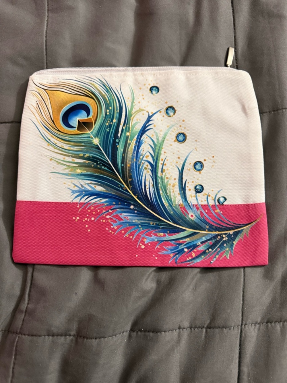Colorful Peacock Feather Cosmetic Bag - White & Pink